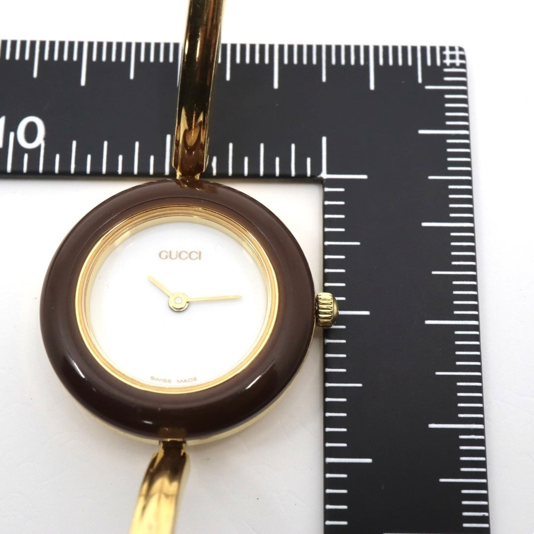 【美品/電池交換済】グッチ GUCCI チェンジベゼル 11/12.2 腕時計 レディースウォッチ クオーツ バングルウォッチ ゴールド ホワイト文字盤 ヴィンテージ アンティーク クラシック エレガント 人気モデル ブラウンベゼル クリーニング済み G3