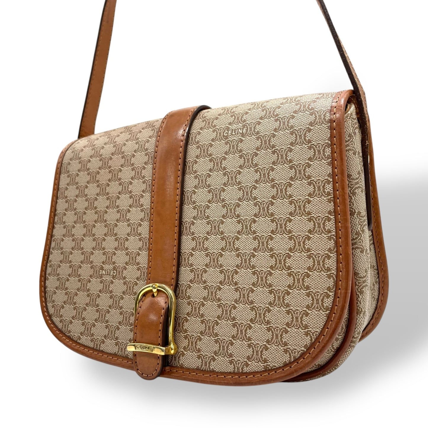 美品 CELINE オールドセリーヌ マカダム柄 トリオンフ ショルダーバッグ PVC レザー ベージュ ブラウン ゴールド金具 斜め掛け可 フラップ開閉 ヴィンテージ レディース K11