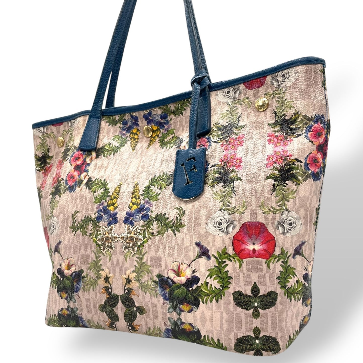 FURLA フルラ トートバッグ PVC レザー マルチカラー ゴールド金具 花柄 ボタニカル 総柄 肩掛け可 ロゴ レディース U13