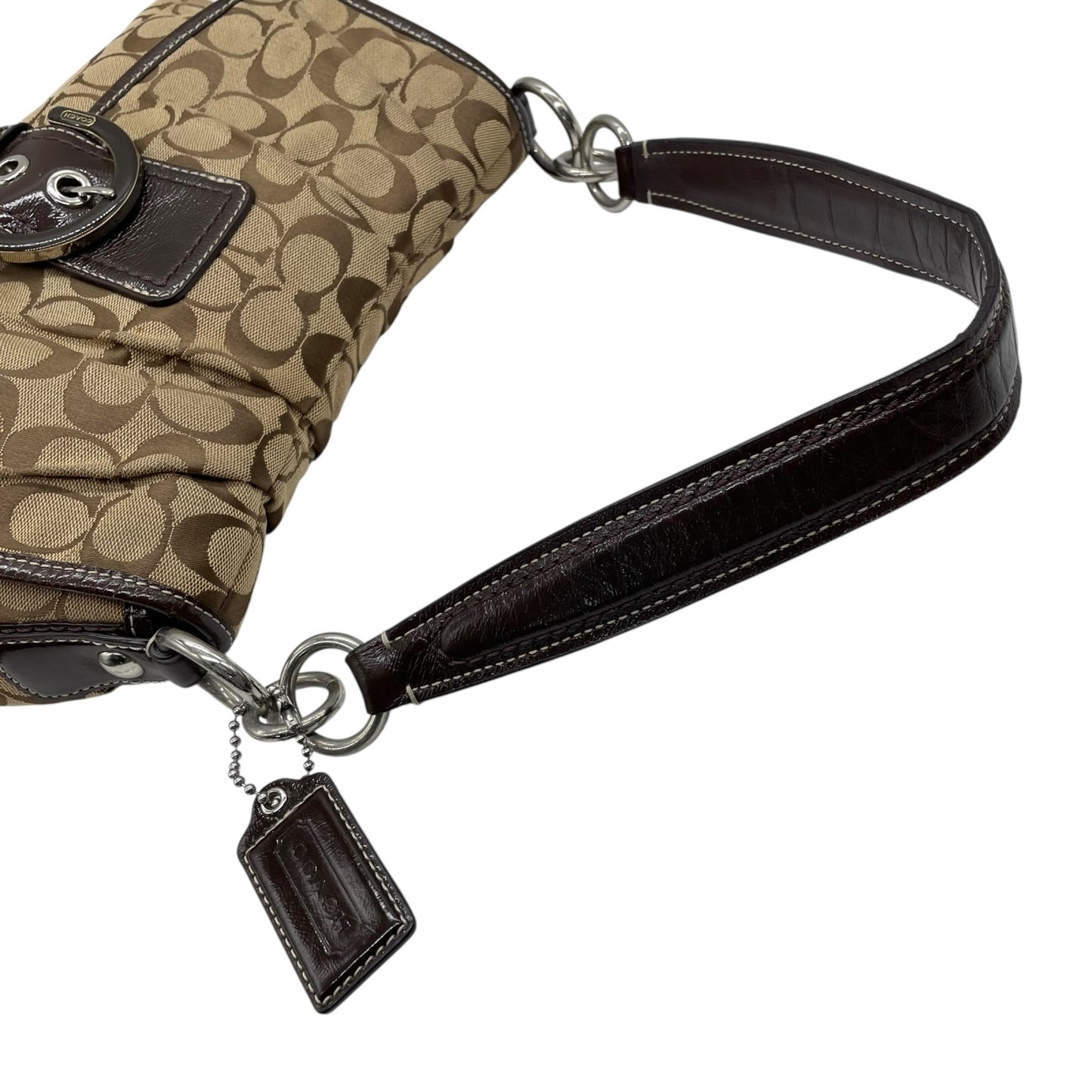 COACH コーチ ソーホー シグネチャー ワンショルダーバッグ 茶 ブラウン ベージュ キャンバス パテントレザー シルバー金具 フラップ ベルト ホーボー 肩掛け可 レディース S6