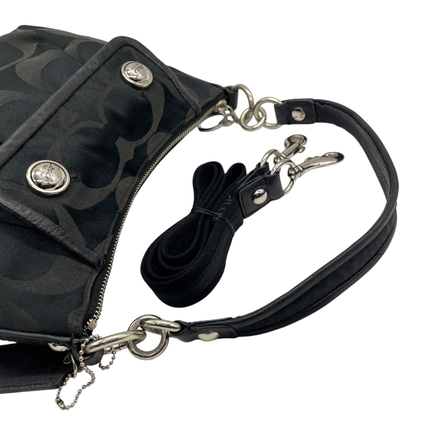 COACH コーチ ポピー シグネチャー 2WAY ショルダーバッグ ハンドバッグ 黒 ブラック キャンバス レザー シルバー金具 フラップポケット ファスナー開閉 肩掛け可 斜め掛け可 ホーボー レディース S30