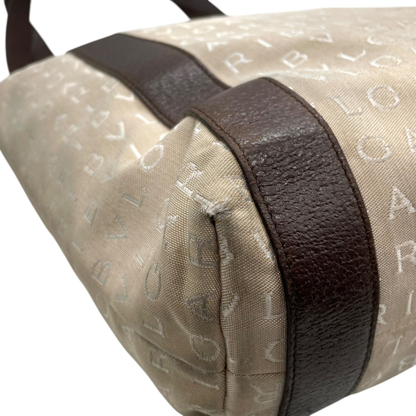 ブルガリ BVLGARI トートバッグ ハンドバッグ 肩掛け ロゴマニア ベージュ ブラウン 茶色 キャンバス レザー A40収納可 S80