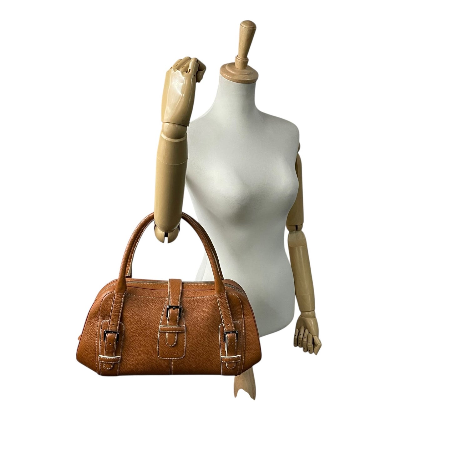 美品 ロエベ LOEWE センダ ハンドバッグ キャメルブラウン 茶 レザー シルバー金具 ファスナー開閉 ロゴ型押し レディース A