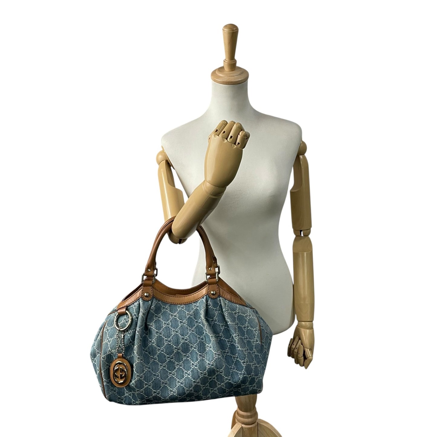 グッチ GUCCI GGデニム GGキャンバス スーキー ハンドバッグ トートバッグ キャンバス×レザー チャーム付 ブルー 青 ブラウン 茶 ゴールド金具 ホーボー Y2K レディース K9