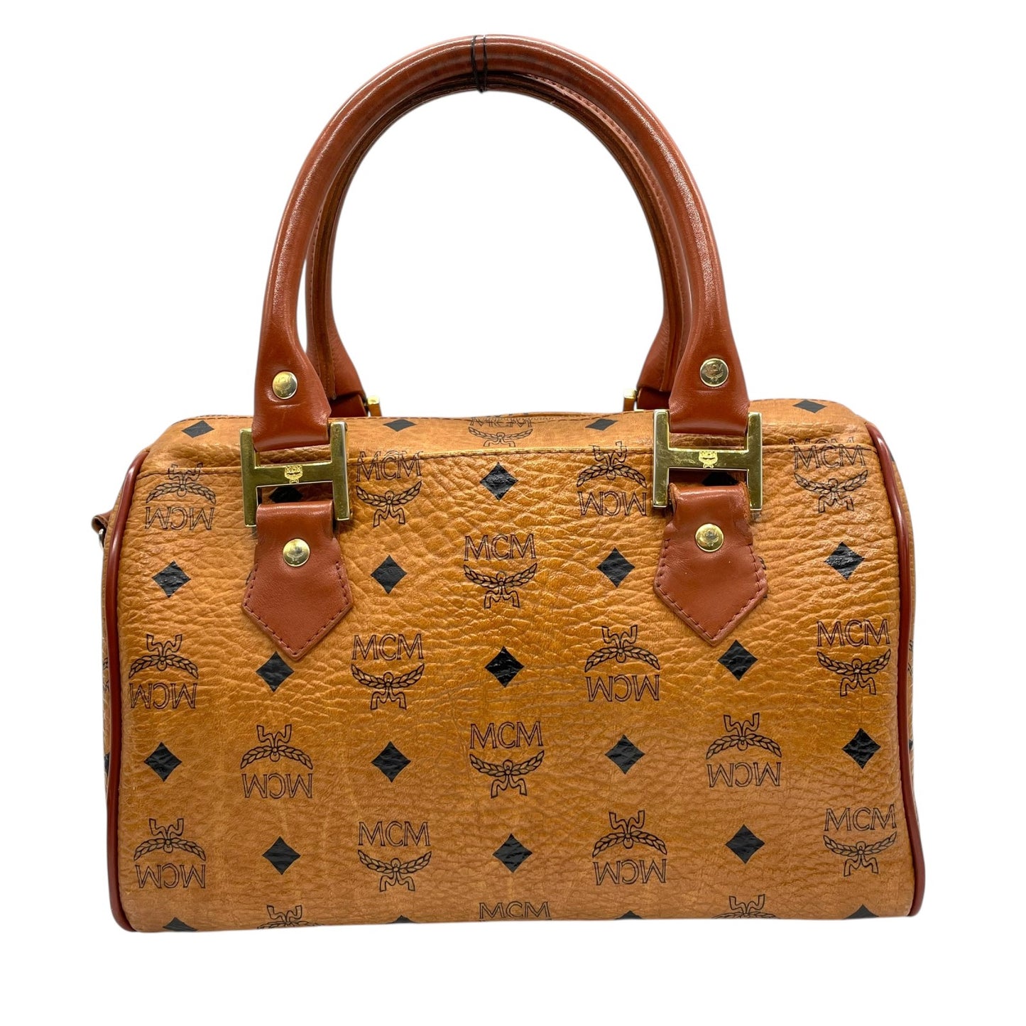 MCM エムシーエム ヴィセトス ボストンバッグ ミニボストン ハンドバッグ ショルダー付き ブラウン 茶色 レザー 2WAY ゴールド金具 ヴィンテージ D1