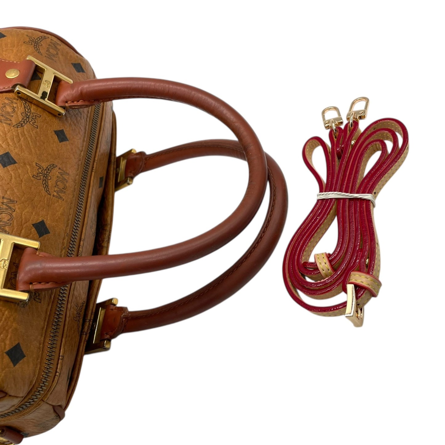 エムシーエム MCM ヴィセトス 2WAY ハンドバッグ ミニボストンバッグ ショルダーバッグ 茶 ブラウン コニャック レザー ゴールド金具 斜め掛け可 レディース D