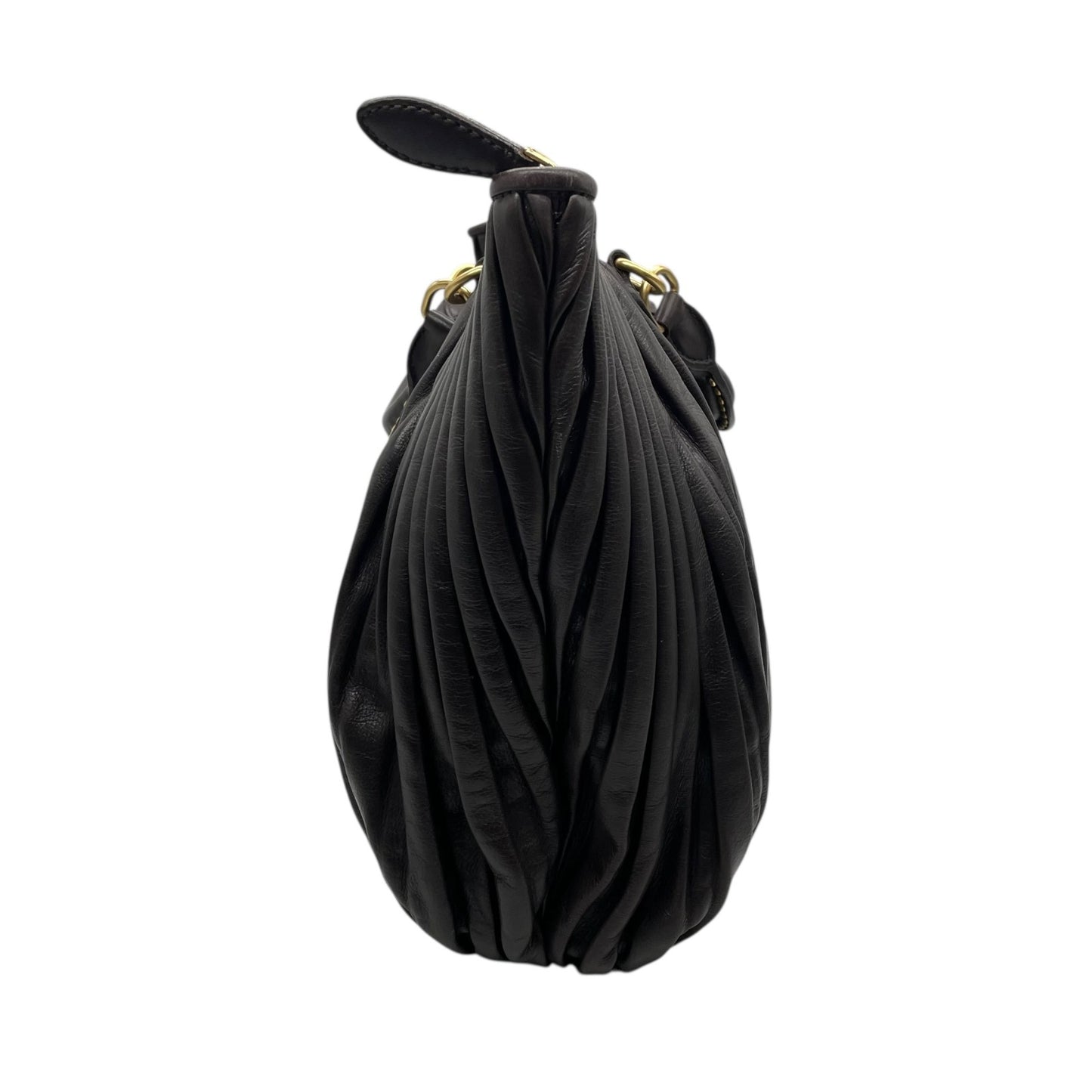 【美品】miumiu ミュウミュウ 2WAY トートバッグ ハンドバッグ ショルダーバッグ ギャザー プリーツ レザー スタッズ ダークブラウン ゴールド金具 斜め掛け可 レディース C