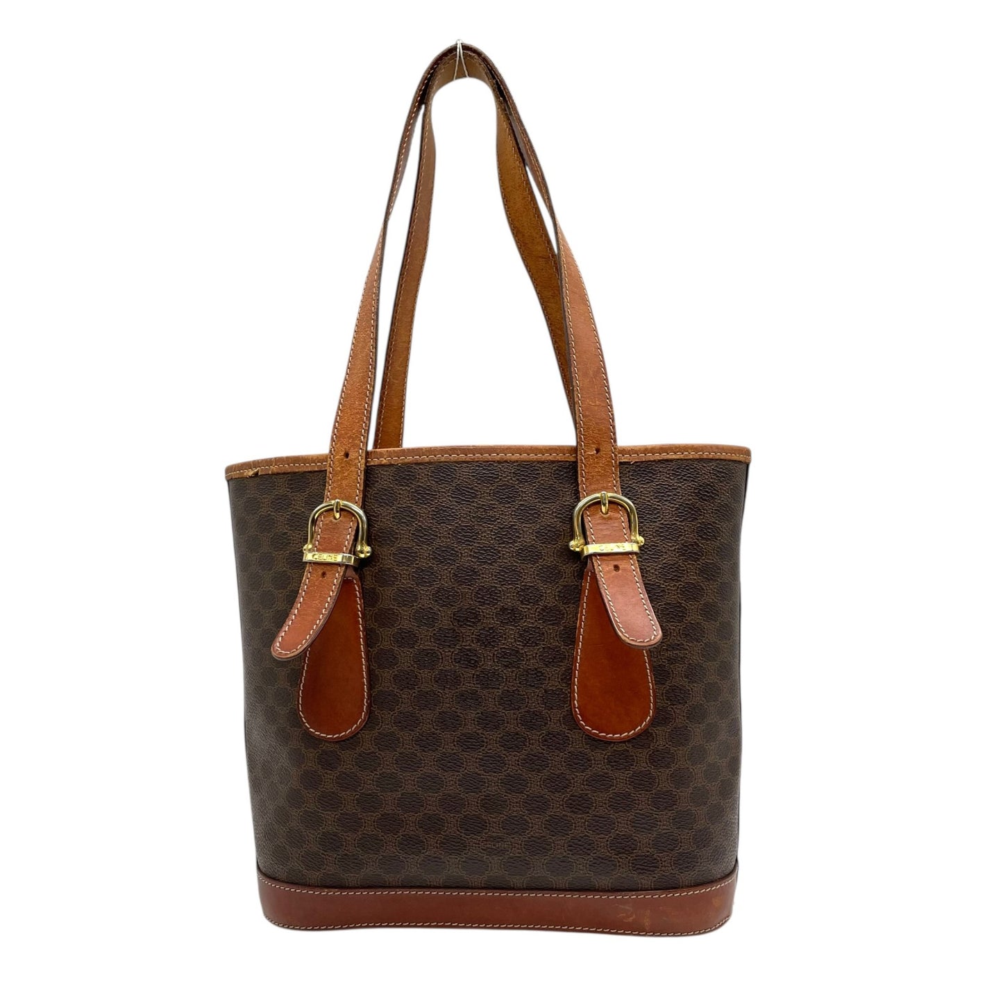 CELINE セリーヌ ヴィンテージ マカダム トートバッグ PVC レザー ブラウン トリオンフ 金具 90s イタリア製 ショルダー可 オールドセリーヌ K9