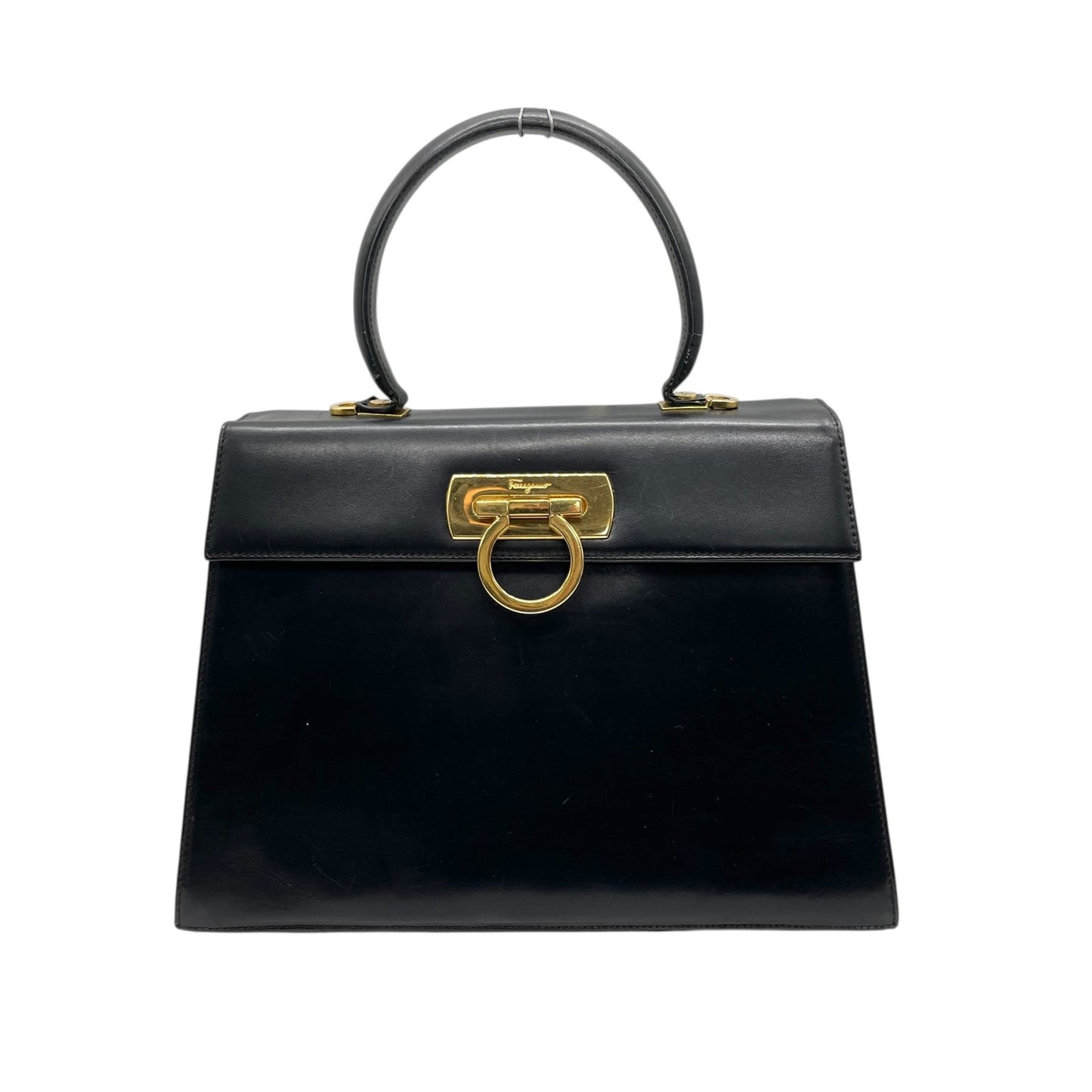 Salvatore Ferragamo フェラガモ ガンチーニ ハンドバッグ カーフレザー ブラック ゴールド金具 ヴィンテージ フォーマル A