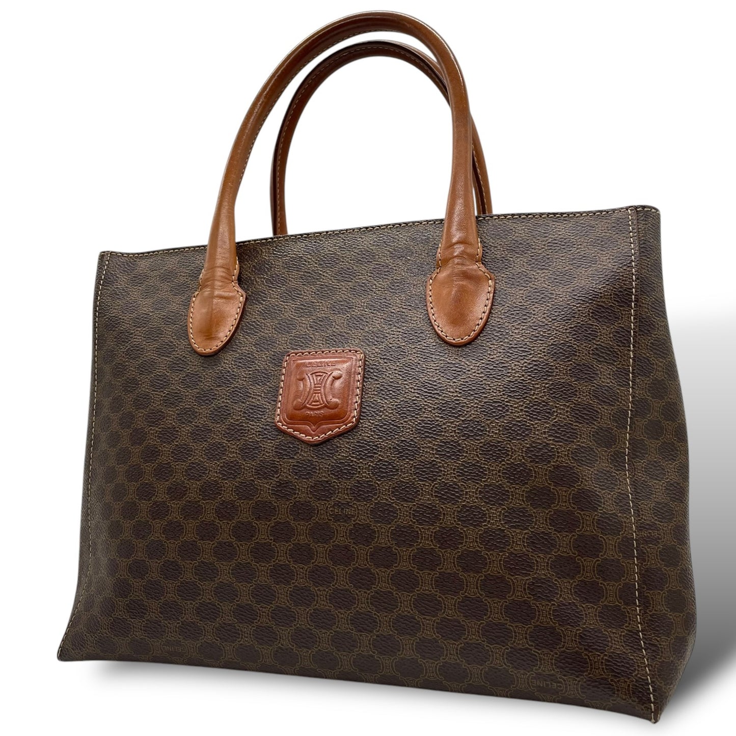 美品 CELINE セリーヌ ヴィンテージ ハンドバッグ マカダム柄 トートバッグ ブラウン レザー PVC MC97 Z1