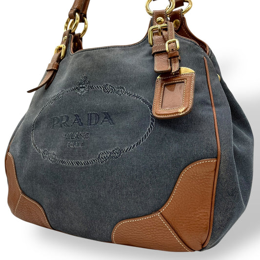 美品 PRADA プラダ ロゴ ジャガード トートバッグ ショルダー デニム レザー ブルー ブラウン ゴールド金具 D5