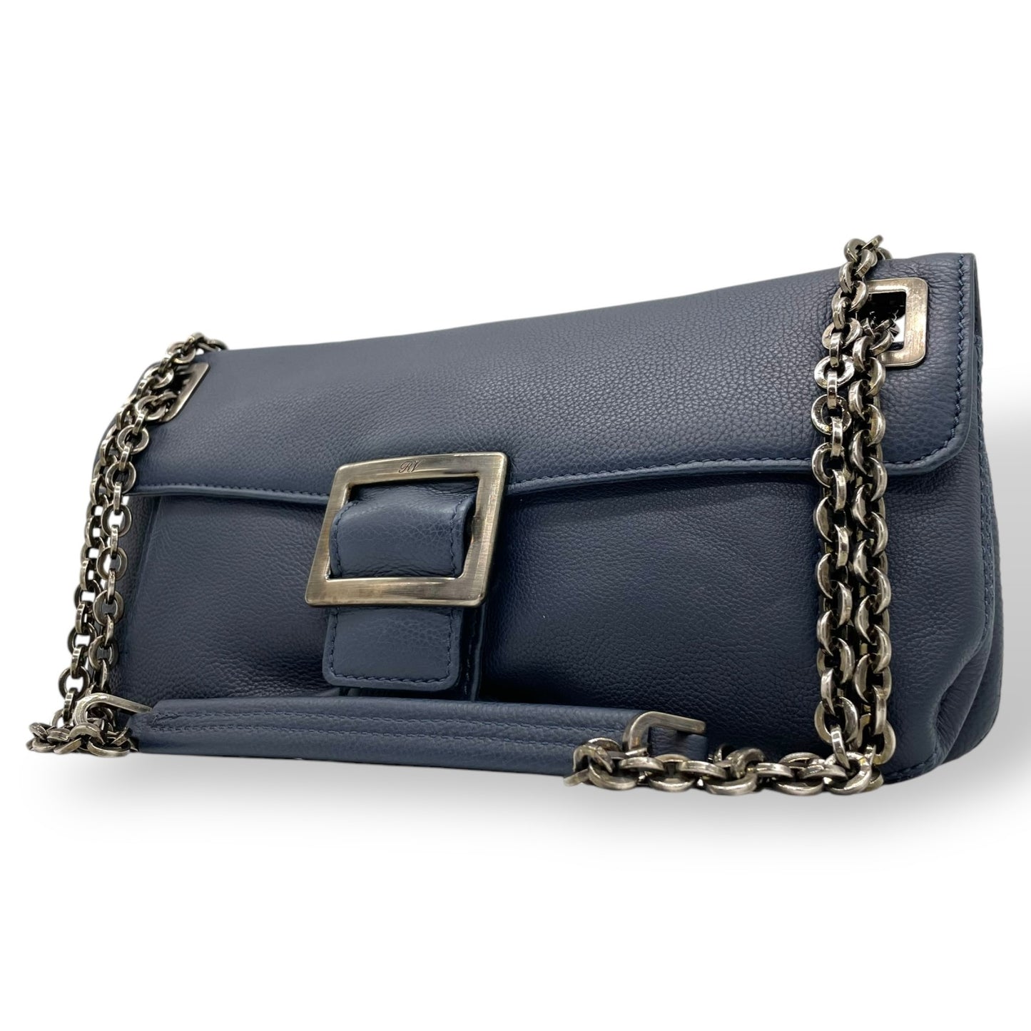 Authentic Roger Vivier Shoulder Bag Navy Leather Black Hardware Chain Shoulder Strap Front Buckle Women's
