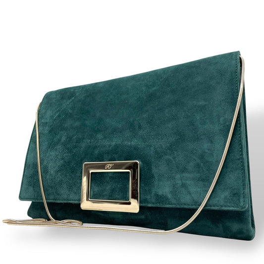 Authentic Roger Vivier Shoulder Bag Green Suede Gold Hardware Chain Crossbody Women's