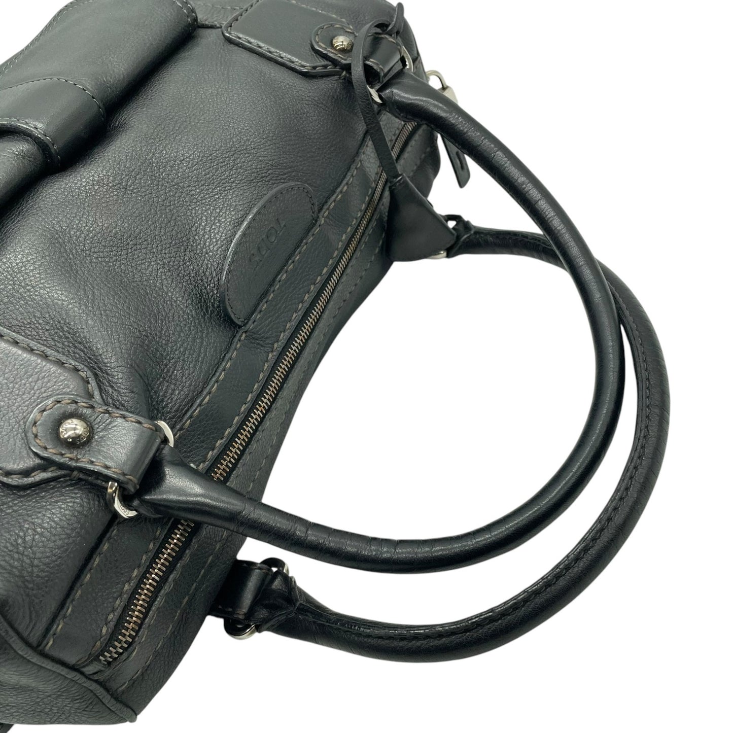 Authentic TOD'S Boston Handbag Leather Black Silver Hardware Padlock Women's