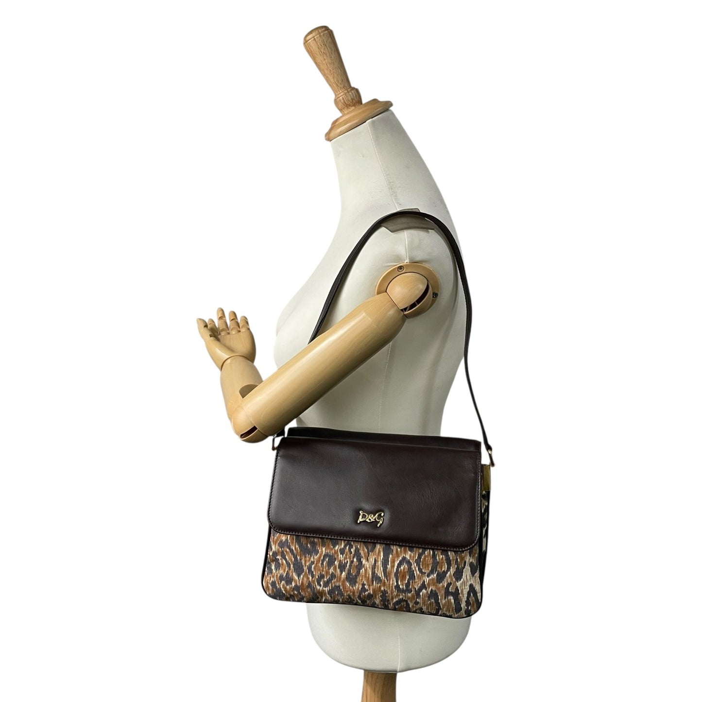 Authentic DOLCE&GABBANA Leopard Print Shoulder Bag Leather Canvas Brown Gold Hardware D&G Logo Flap Women's