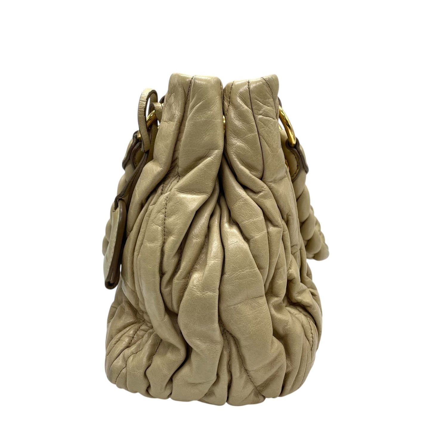 Authentic miumiu Matelassé 2WAY Handbag Shoulder Bag Leather Khaki Beige Gold Hardware Women's Crossbody