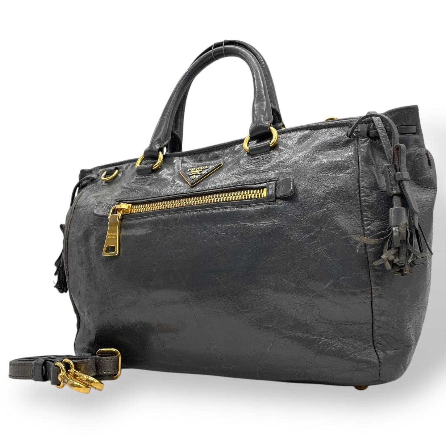 Authentic PRADA 2WAY Handbag Shoulder Bag Leather Gold Hardware Triangular Logo Dark Gray Women's Crossbody