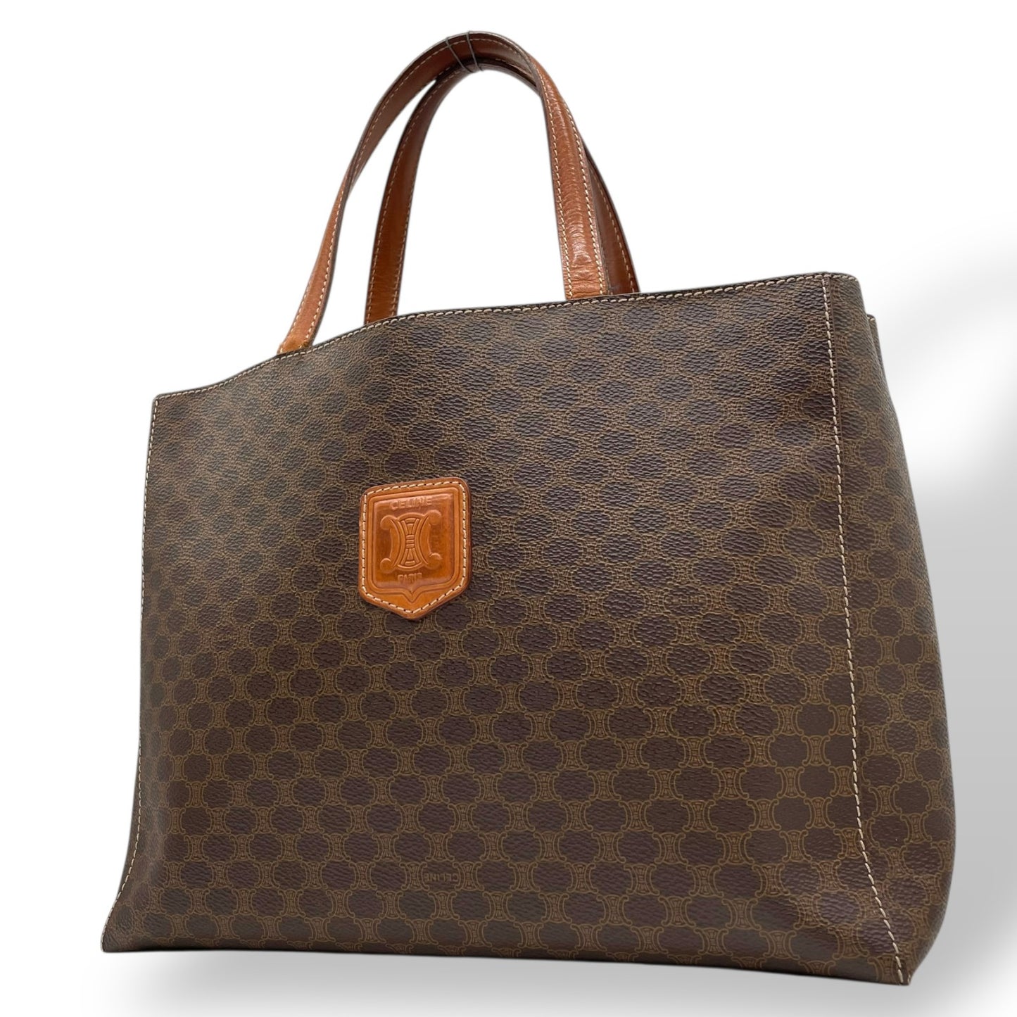 Authentic CELINE Vintage Macadam Handbag Brown PVC Leather Gold Hardware Tote Bag Women's