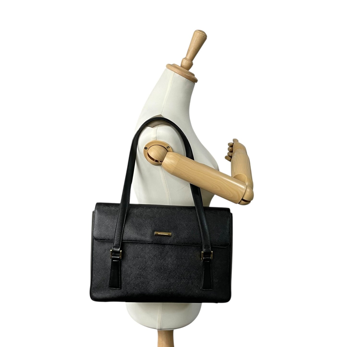 Authentic BURBERRY Handbag Tote Bag Black Leather Gold Hardware Logo Nova Check Women's Men's Shoulder Bag