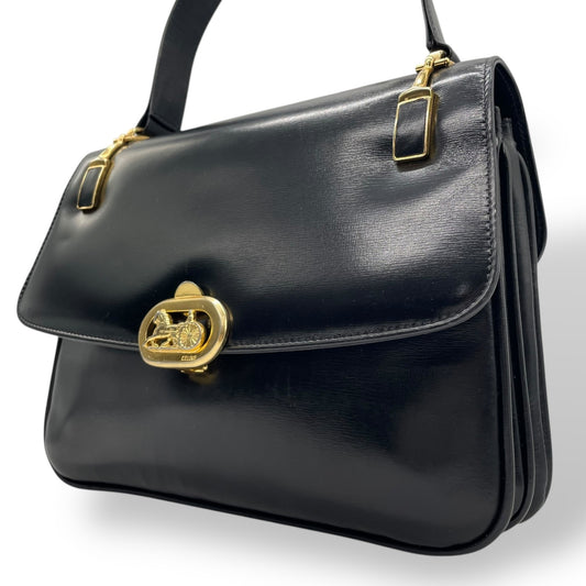 美品 CELINE セリーヌ ショルダーバッグ 黒 ブラック レザー 馬車金具 ゴールド金具 ホースキャリッジ サルキー ヴィンテージ レディース オールドセリーヌ 斜め掛け可 フラップ開閉 C1
