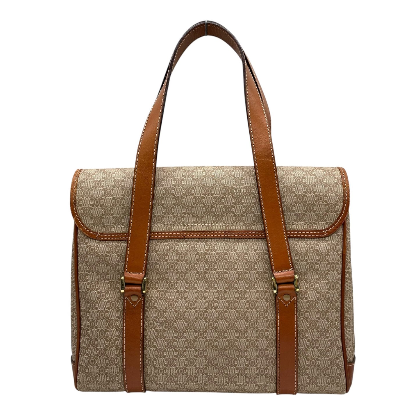 Authentic CELINE Macadam Handbag PVC Leather Vintage Beige Brown M06 Old Celine Gold Hardware Ladies