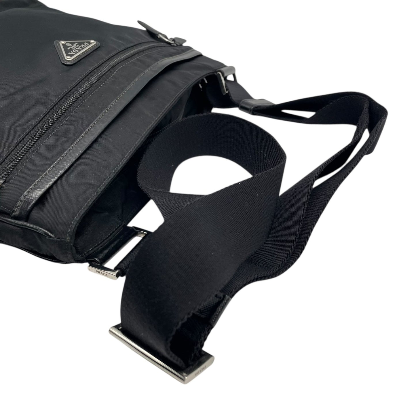 Authentic PRADA Black Shoulder Bag Triangular Logo Plate Nylon Leather Silver Hardware Adjustable Strap Men's Women's