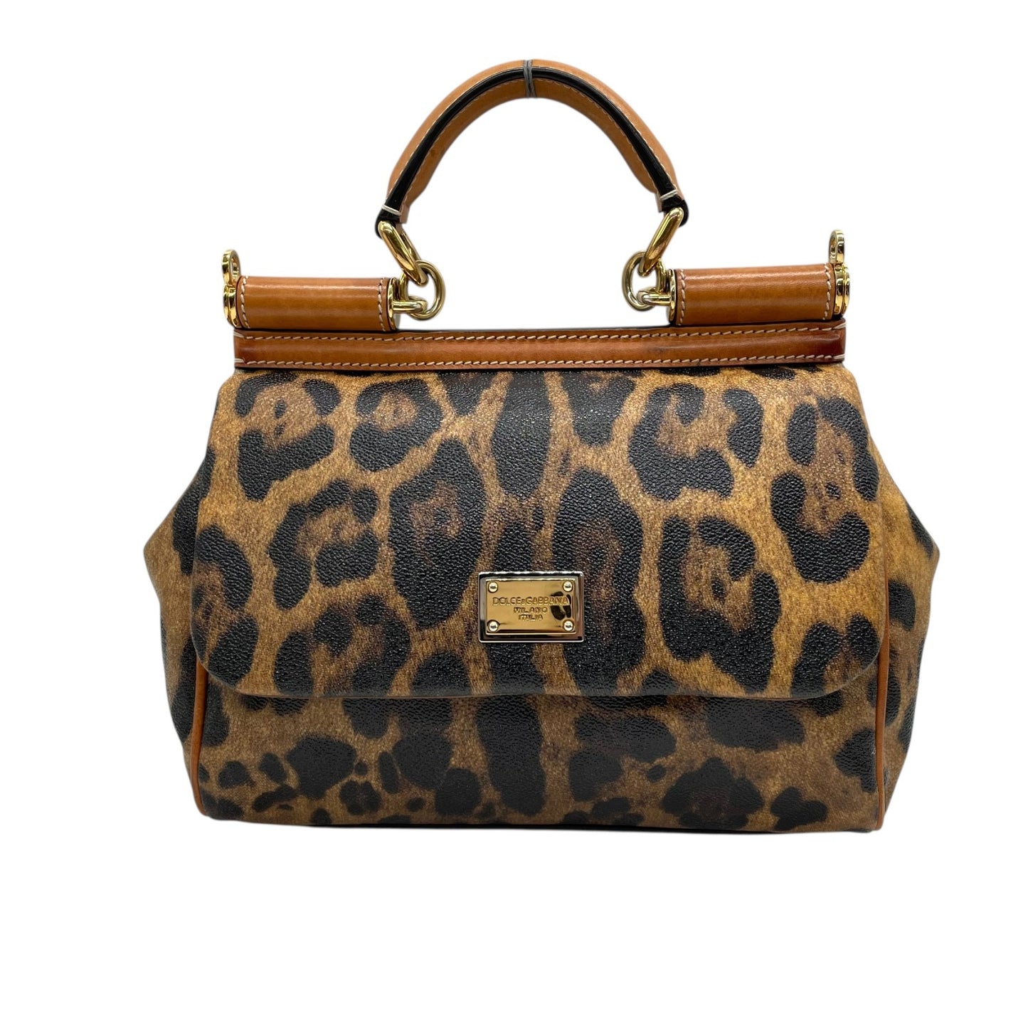 美品 DOLCE&GABBANA ドルチェ＆ガッパーナ シシリー 2WAY ハンドバッグ ショルダーバッグ ドルガバ レオパード ヒョウ柄 レザー PVC ブラウン 茶 ブラック 黒 レディース D&G ロゴプレート フラップ ゴールド金具 斜め掛け可 K4