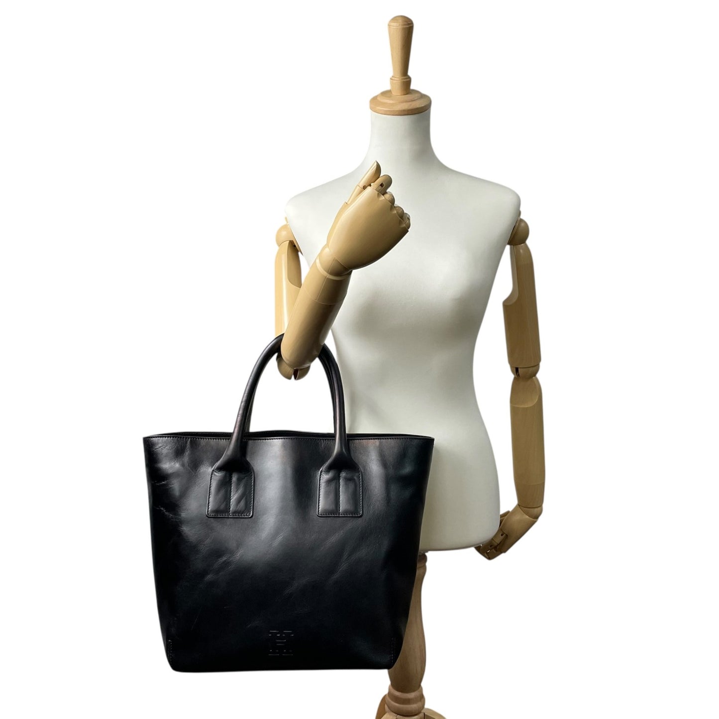 美品 HIROFU ヒロフ トートバッグ ハンドバッグ Hロゴ 黒 ブラック レザー シルバー金具 手提げ A4収納可 レディース H