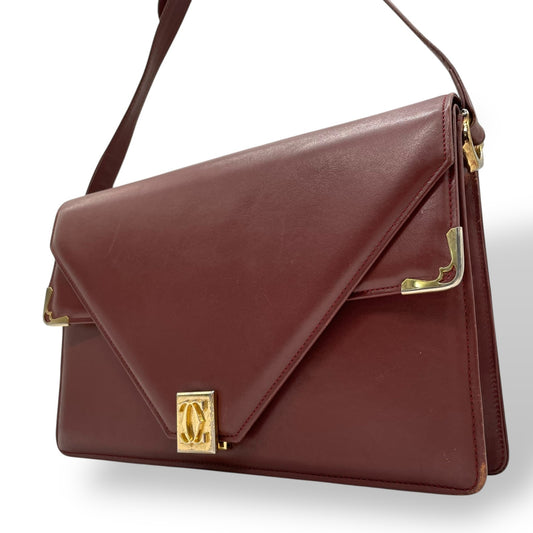 Cartier カルティエ マストライン ショルダーバッグ 赤 ボルドー ワインレッド レザー ゴールド金具 肩掛け可 斜め掛け可 2Cモチーフ マストドゥカルティエ ヴィンテージ レディース E2