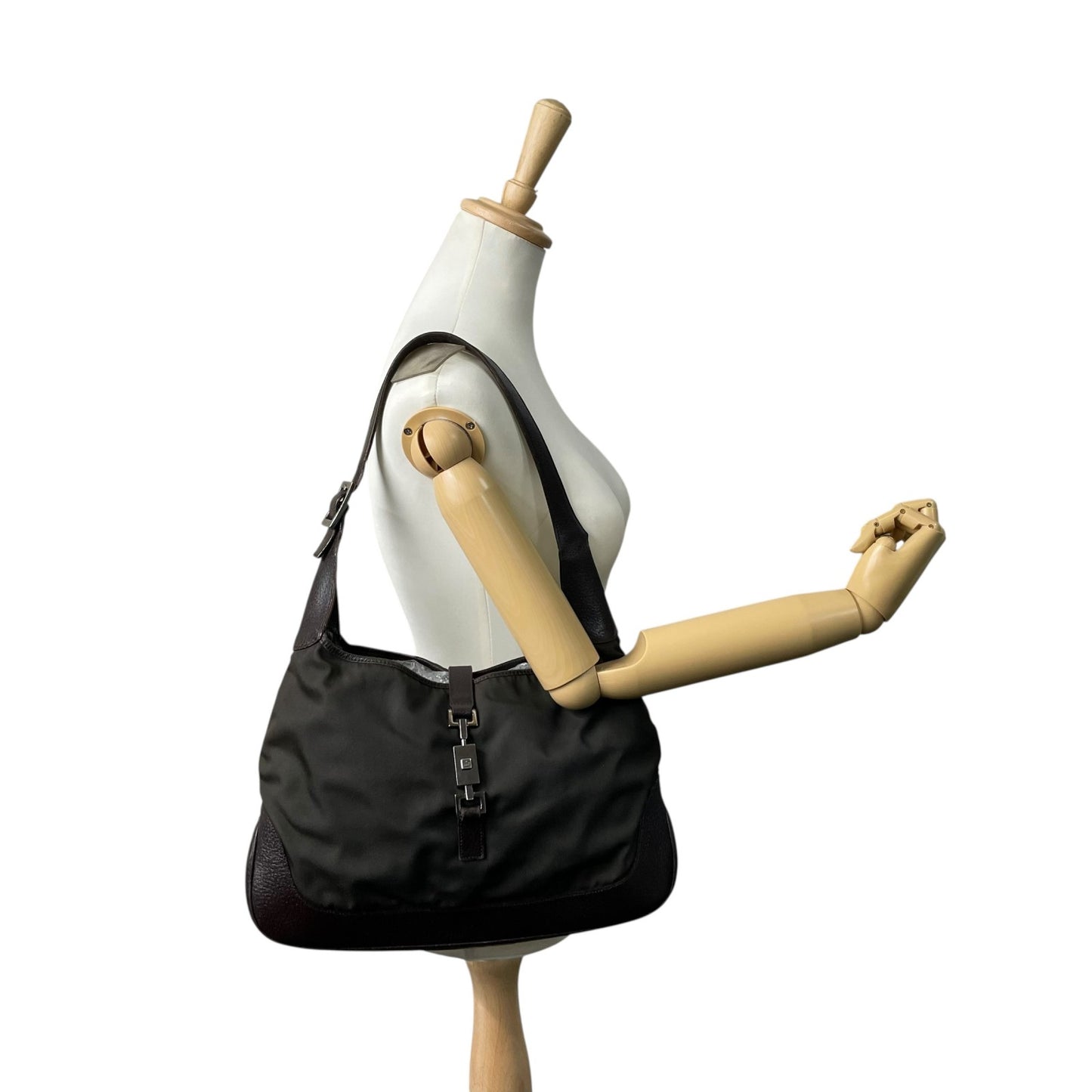 GUCCI グッチ ジャッキー ワンショルダーバッグ カーキ 茶 ブラウン キャンバス レザー シルバー金具 肩掛け可 ホーボー レディース ヴィンテージ B4