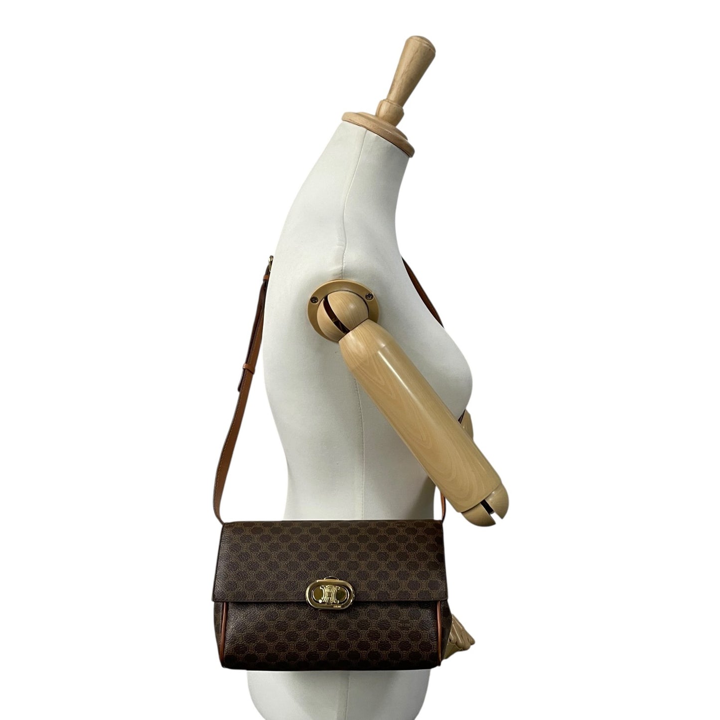 Authentic Old CELINE Macadam Shoulder Bag Brown PVC Leather Logo Vintage Crossbody