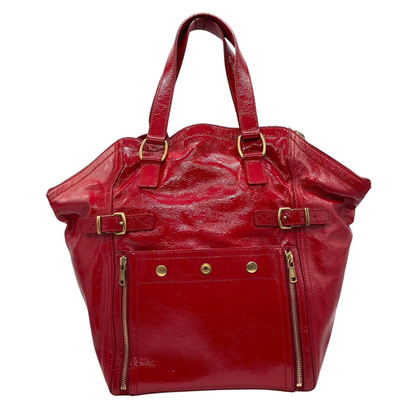 Authentic YVES SAINT LAURENT Downtown Patent Leather Red Enamel Vintage Tote Bag Large Capacity Women