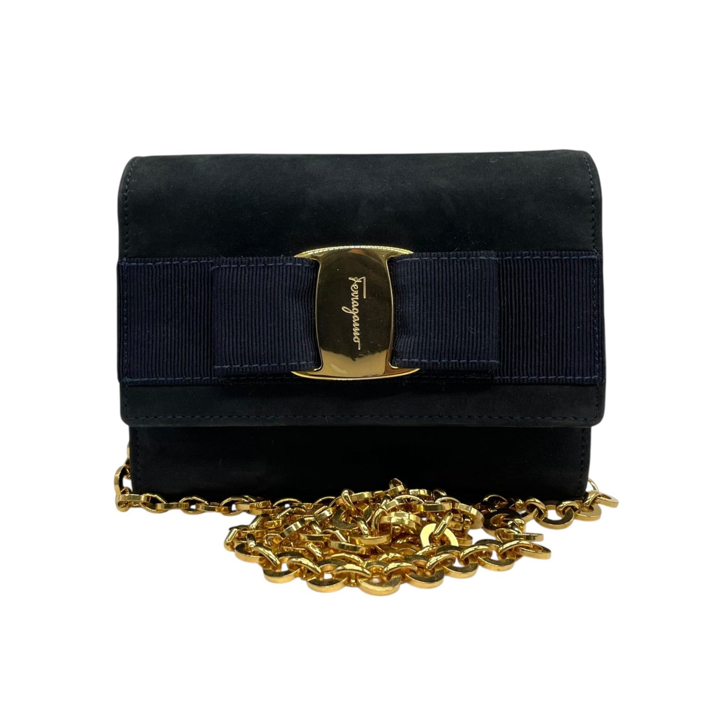 Salvatore Ferragamo フェラガモ ヴァラリボン チェーンショルダー ショルダーバッグ ミニバッグ ネイビー スエード ゴールド金具 レディース K10