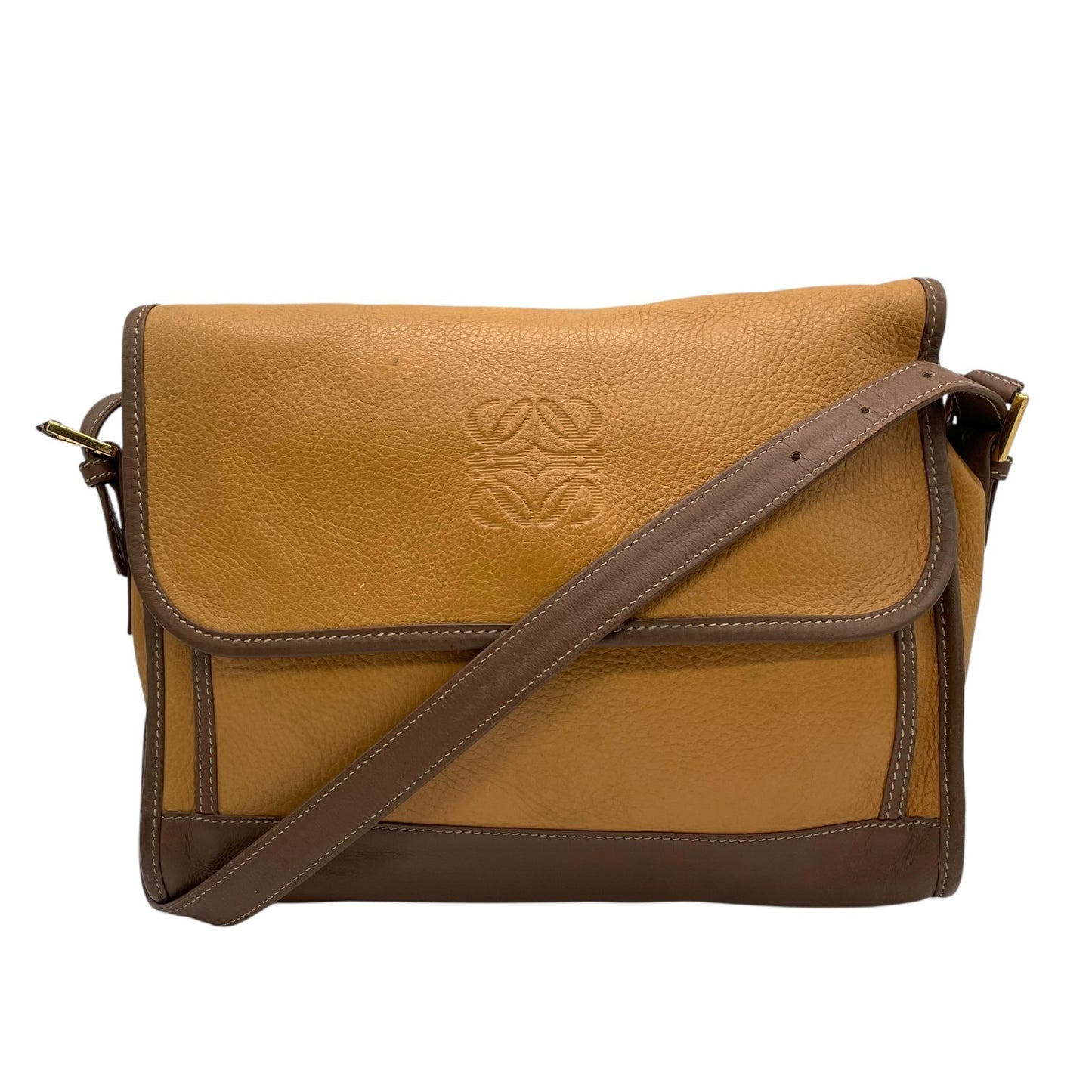 Authentic LOEWE Anagram Leather Shoulder Bag Camel Brown Embossed Logo Crossbody Vintage Archive Women