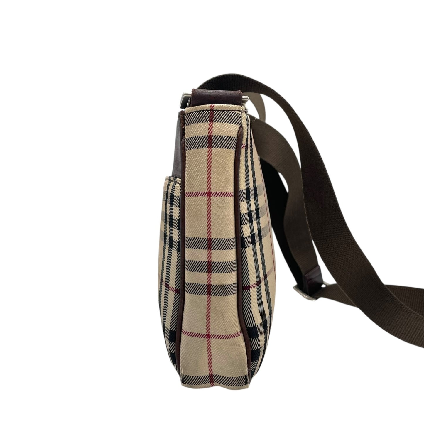 BURBERRY バーバリー ノバチェック ショルダーバッグ キャンバス レザー ベージュ 茶 ブラウン シルバー金具 ロゴプレート チェック柄 斜め掛け 肩掛け レディース C6