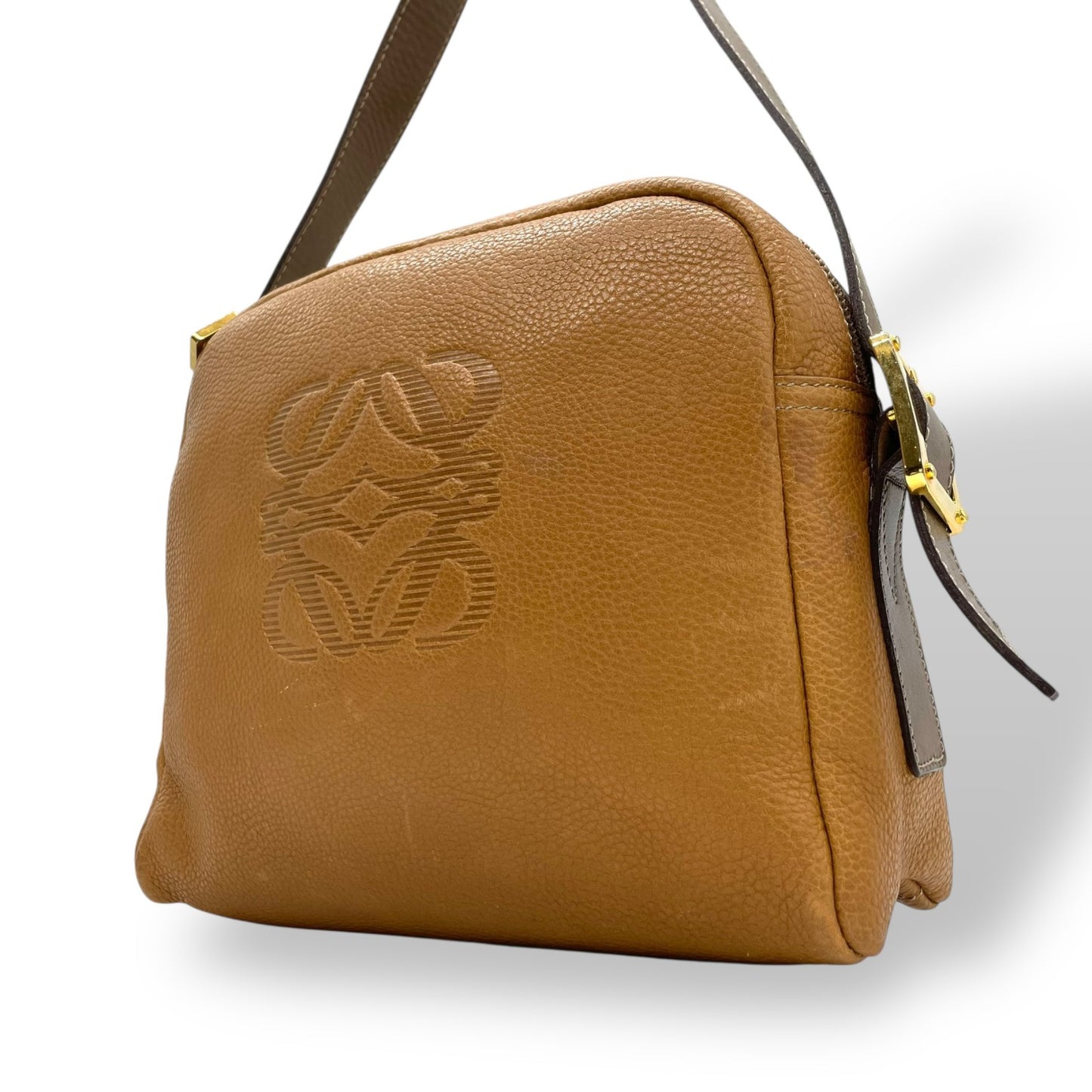 Authentic LOEWE Anagram Embossed Leather Shoulder Bag Camel Gold