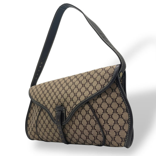 美品 CELINE セリーヌ マカダム トリオンフ ショルダーバッグ キャンバス×レザー ベージュ×ブラウン レディース ヴィンテージ 正規品 K9