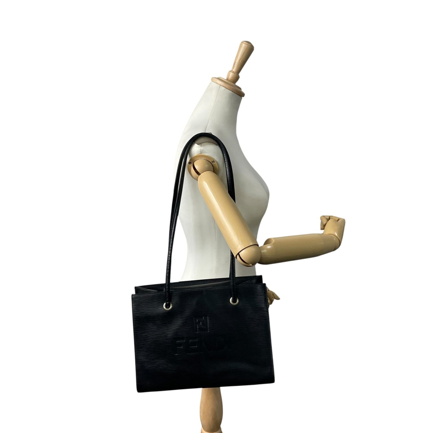 FENDI フェンディ トートバッグ ショルダーバッグ ワンショルダー 黒 ブラック エピレザー ロゴ型押し シルバー金具 FFロゴ 大容量 ヴィンテージ オールド C