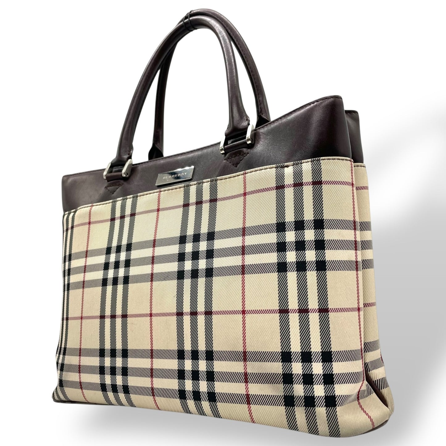 Burberry バーバリー トートバッグ ハンドバッグ ノバチェック キャンバス×レザー メタルロゴプレート ベージュ×ブラウン ユニセックス K8
