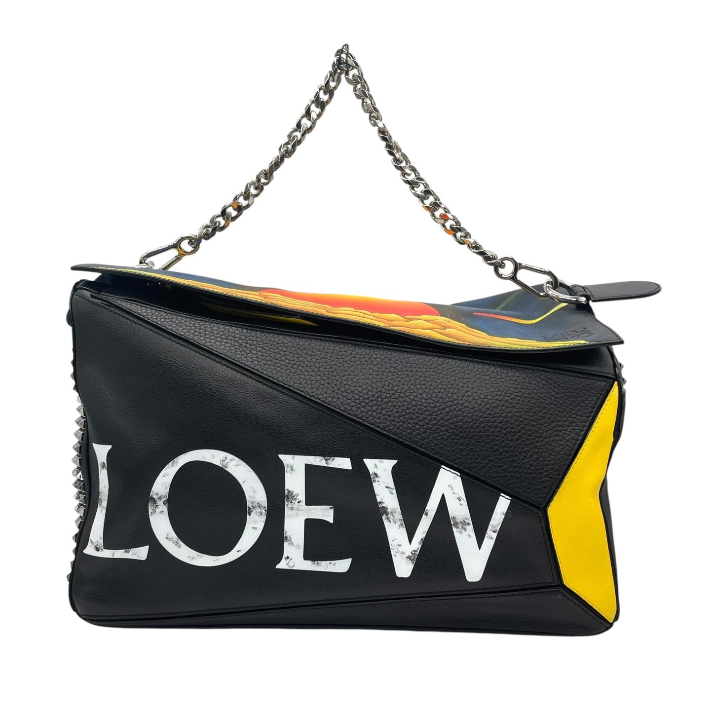 限定品 希少 極美品 LOEWE ロエベ パズルバッグ ラージ ミニボストン スタッズ アナグラム ロゴ チェーン ブラック 黒 マルチカラー メンズ レディース D