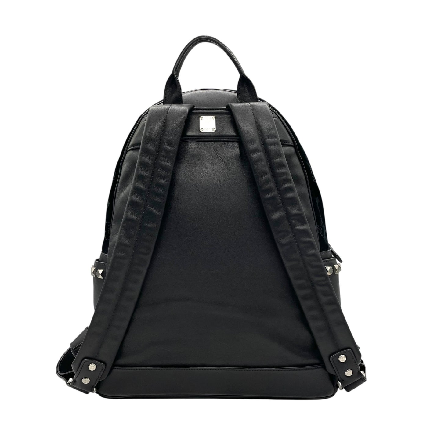 極美品 MCM エムシーエム バックパック リュック モノグラム ヴィセトス エンブレム刺繍 スタッズ付き レザー×ベルベット ブラック 黒 A