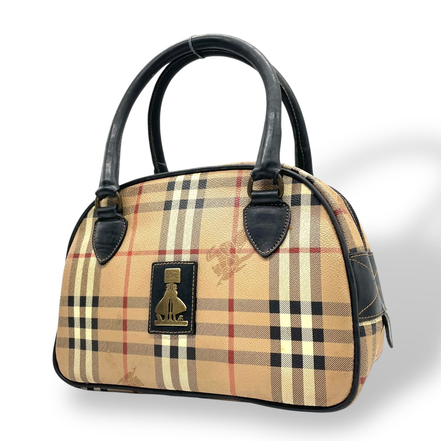 BURBERRY バーバリー ミニボストンバッグ ハンドバッグ ノバチェック シャドーホース シェルター ベージュ 黒 ブラック ゴールド金具 PVC レザー ファスナー開閉 手提げ ヴィンテージ レディース K6
