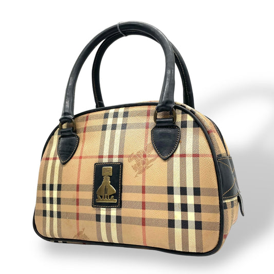 BURBERRY バーバリー ミニボストンバッグ ハンドバッグ ノバチェック シャドーホース シェルター ベージュ 黒 ブラック ゴールド金具 PVC レザー ファスナー開閉 手提げ ヴィンテージ レディース K6