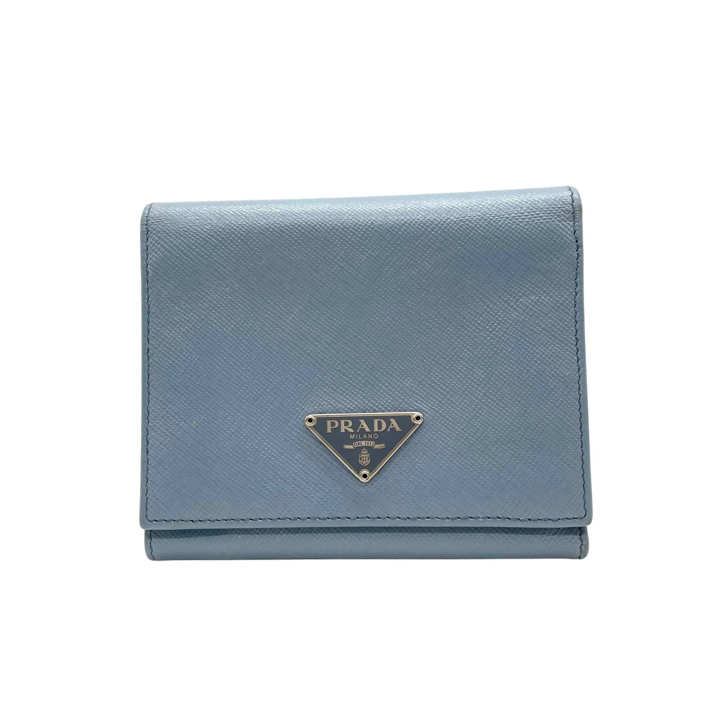 美品 プラダ PRADA サフィアーノレザー 二つ折り財布 トライアングルロゴ 水色 ライトブルー レディース コンパクトウォレット M5