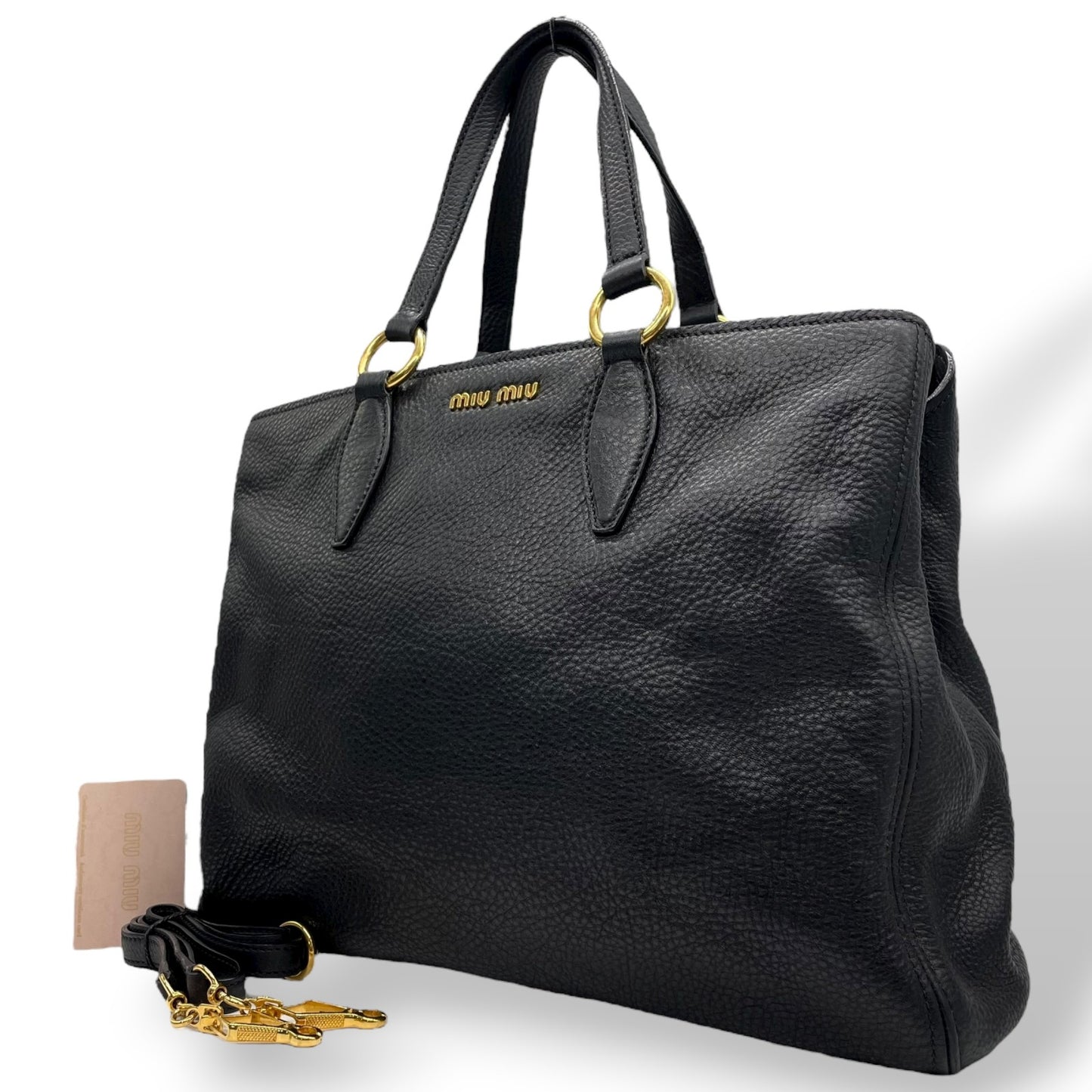 美品 ミュウミュウ MIU MIU レザー トートバッグ 2WAY ショルダー A4対応 黒 ブラック 金金具 ゴールド金具 D