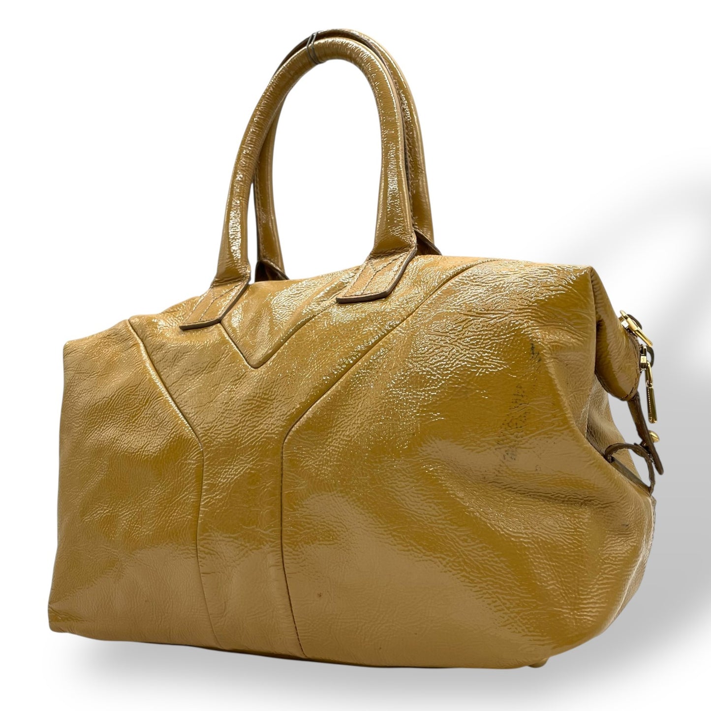 イヴサンローラン YSL ボストンバッグ Yライン パテントレザー ハンドバッグ キャメル ゴールド金具 ロゴ刻印 A2