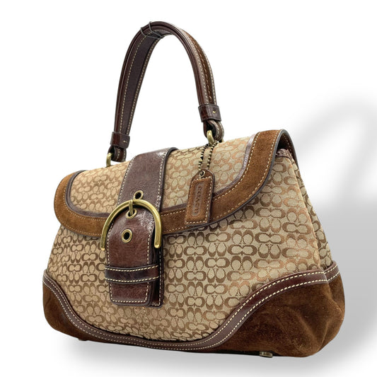 コーチ COACH シグネチャー スエード レザー ハンドバッグ 7078 茶色 ブラウン ゴールド金具 金金具 チャーム付き E10