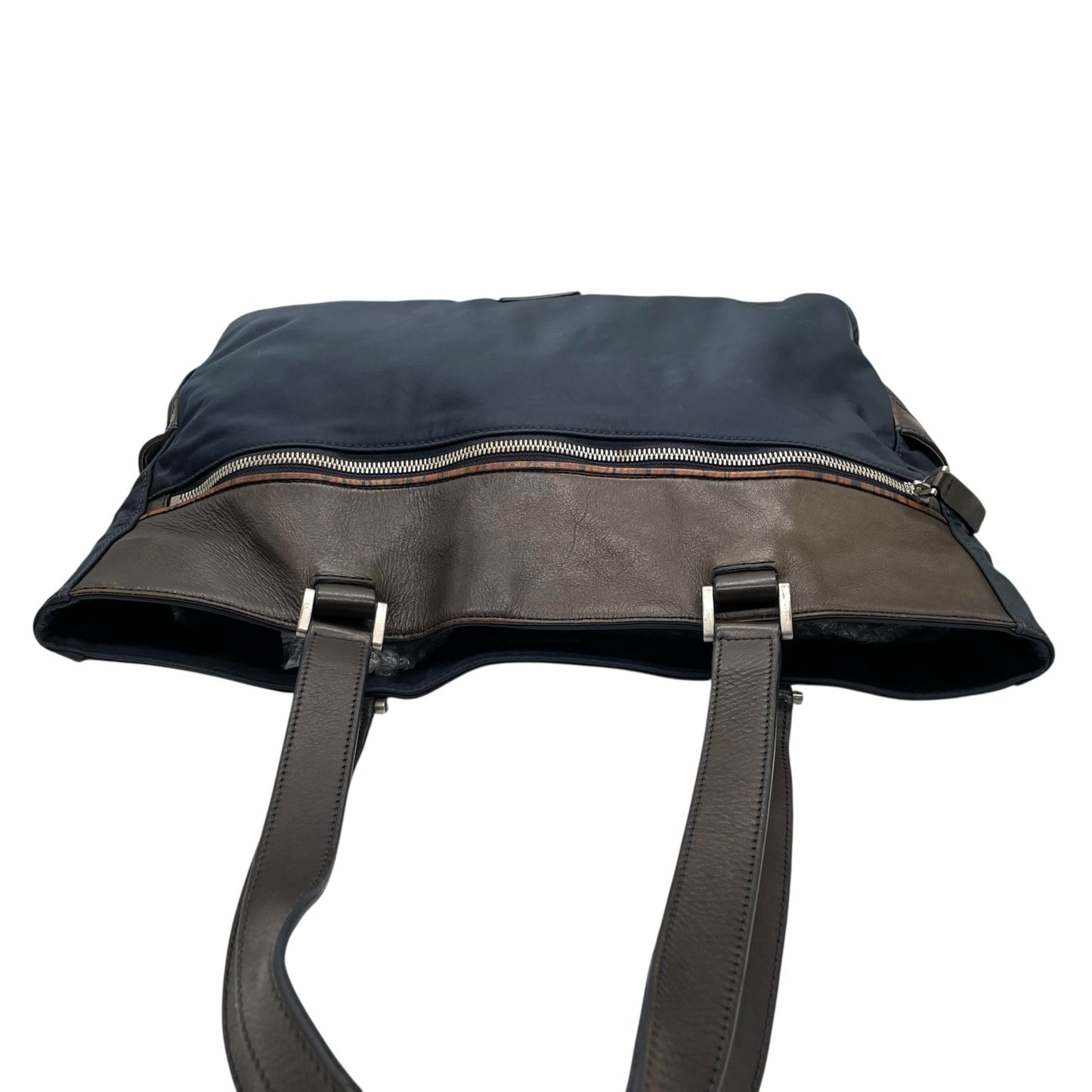 Paul Smith ポールスミス ZIP SIGNATURE ジップシグネチャー トートバッグ ビジネストート 紺 ネイビー 茶 ブラウン マルチストライプ ナイロン レザー シルバー金具 肩掛け可 メンズ X2