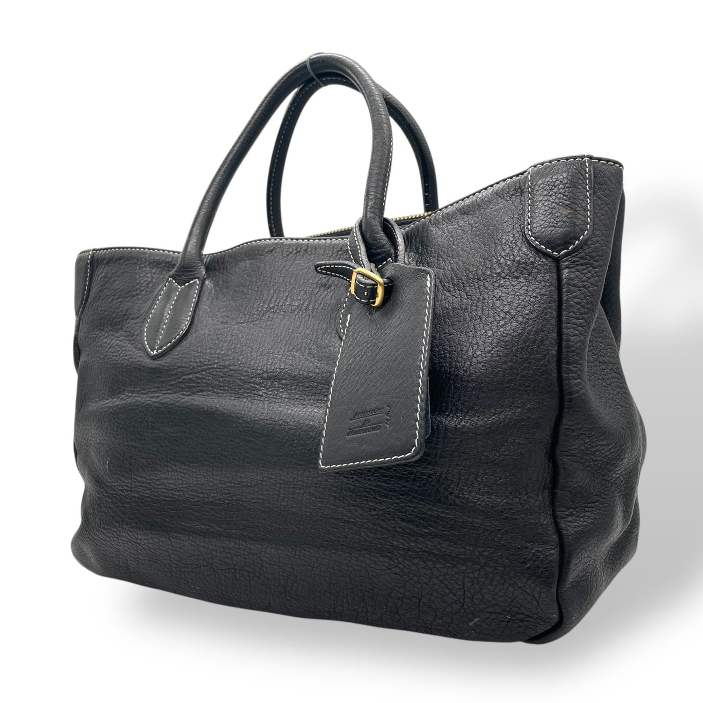 A.D.M.J エーディーエムジェイ トートバッグ レザー 黒 ブラック ホワイトステッチ シュリンクレザー 金金具 ゴールド金具 T3