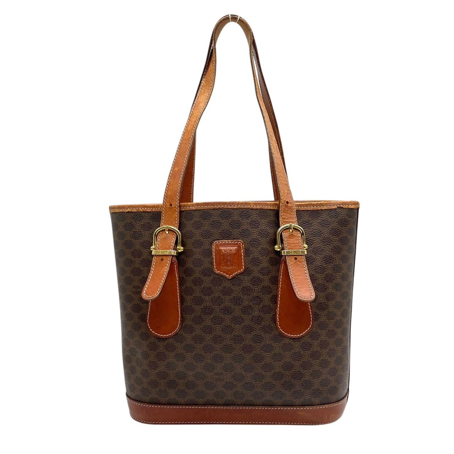 CELINE セリーヌ ヴィンテージ マカダム トートバッグ PVC レザー ブラウン トリオンフ 金具 90s イタリア製 ショルダー可 オールドセリーヌ K9